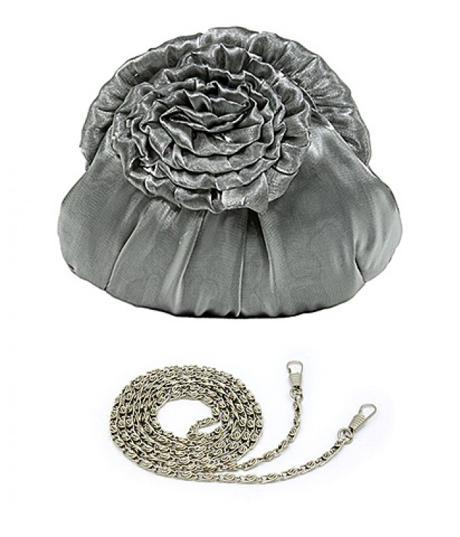 Evening Bag - Silk-like Flower w/ Metal Chain - Gray - BG-EBS1037GY